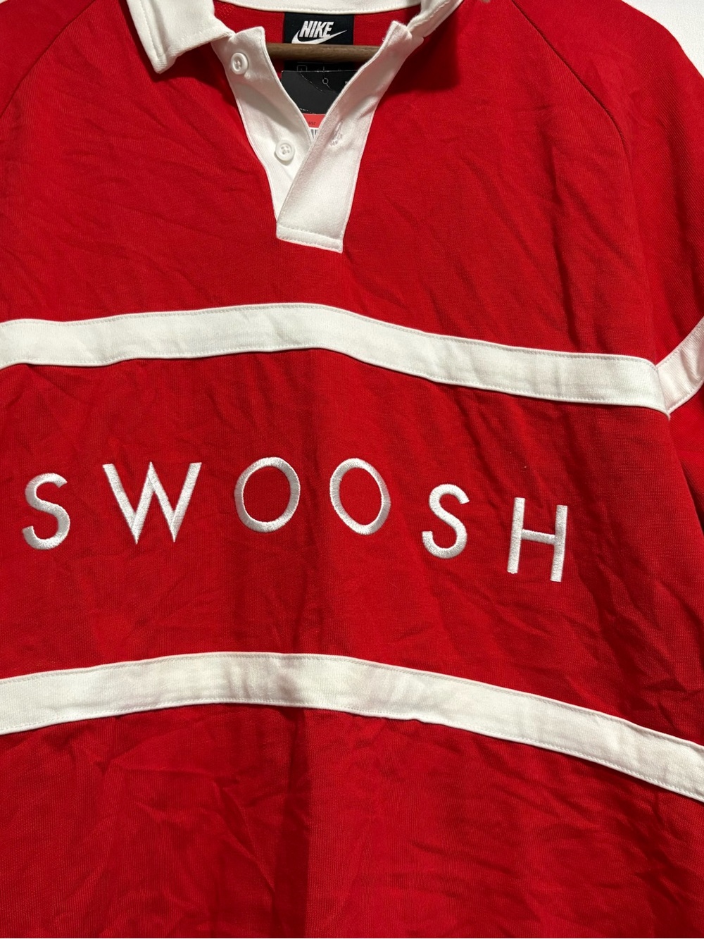 Nike Swoosh Spellout Rugby Polo Shirt Mens Large Red White Striped NWT